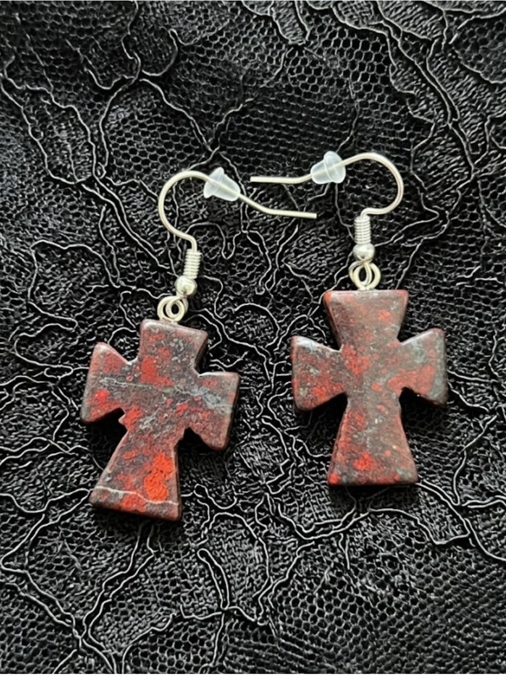 Mahogany Obsidian Stone Cross Drop Earrings - Picture 3 of 3